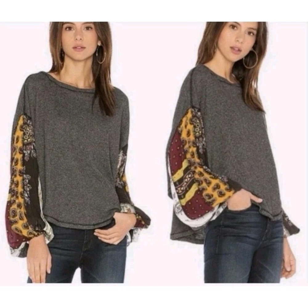 Free People We The Free Blossom Thermal Top XS Boho Patchwork Balloon Sleeve